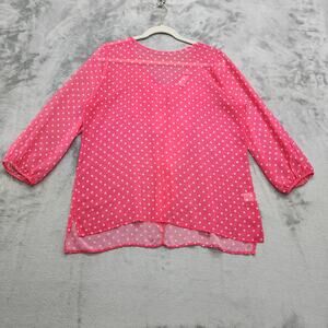 Sweet Pea New York & Company Top Womans M Pink White Sheer Polka Dot Bow Ruffle